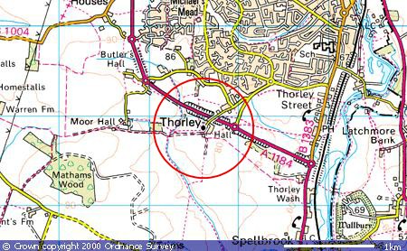 Large scale map showing location of St James the Great, Thorley